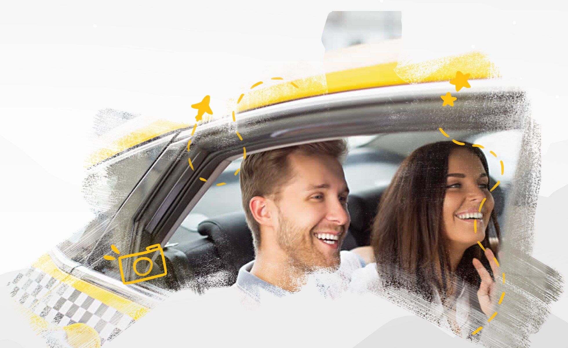 Two smiling passengers in a yellow taxi